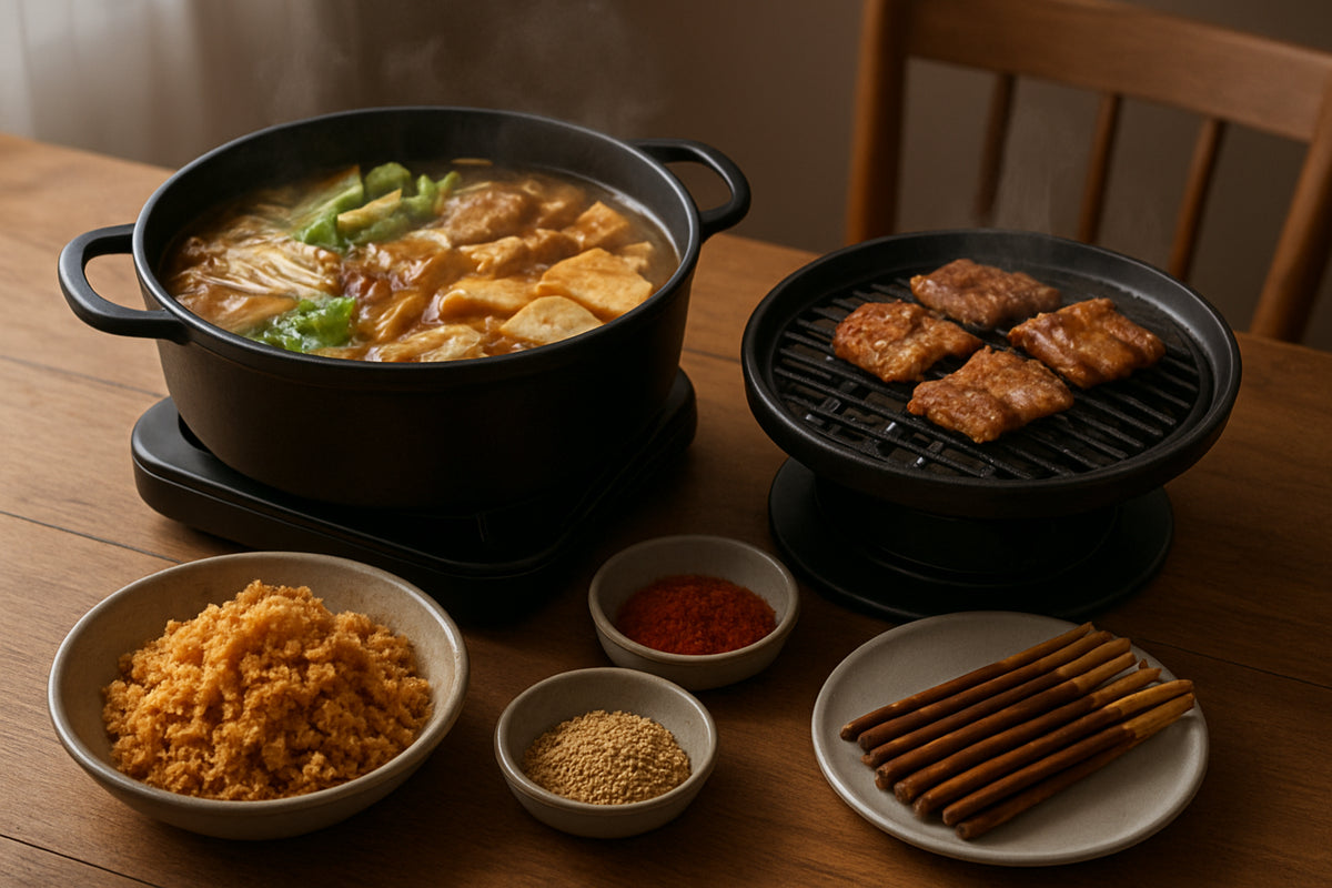 Hot Pot und Grillabend mit koreanischen Snacks auf einem Holztisch in einer gemütlichen Küche