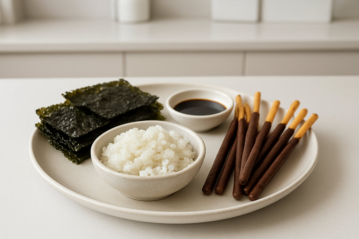 Koreanische Snacks auf einem Teller mit Beilagen in einer modernen Küche