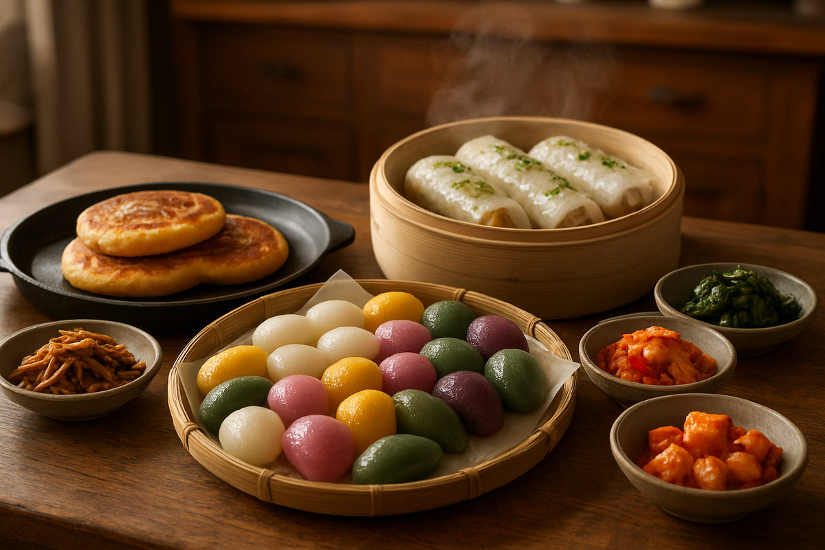 Koreanische Streetfood-Snacks wie Reiskuchen, Hotteok und Reispapierrollen auf einem Holztisch in einer gemütlichen Küchenszene.