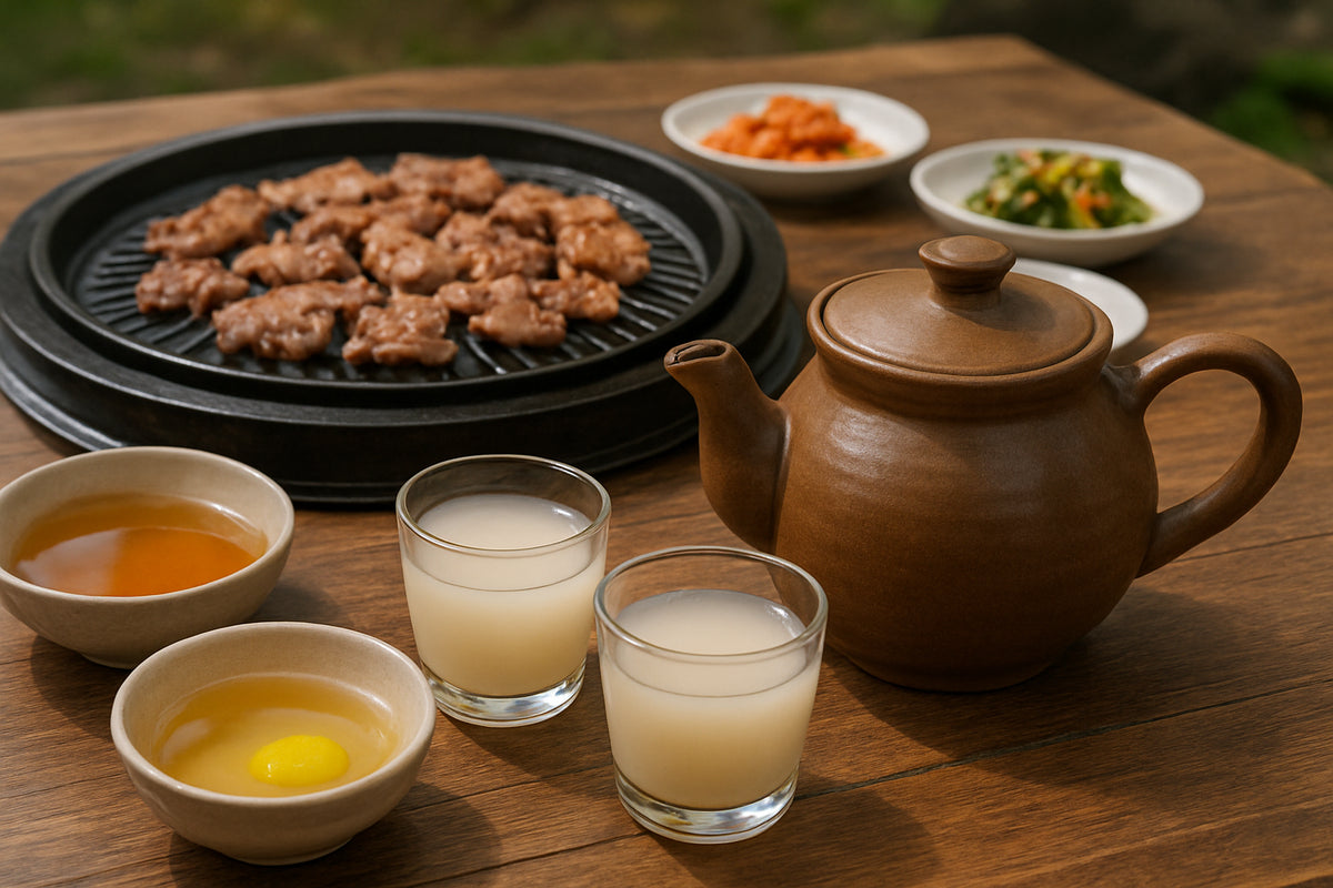 Koreanischer Grilltisch mit traditionellen Tischgetränken und Beilagen, natürliche und gemütliche Atmosphäre im Freien