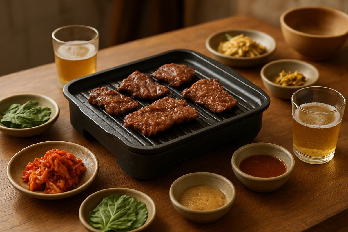 Koreanischer Grillabend mit Tischgrill, Beilagen und Getränken in einem gemütlichen Küchenambiente
