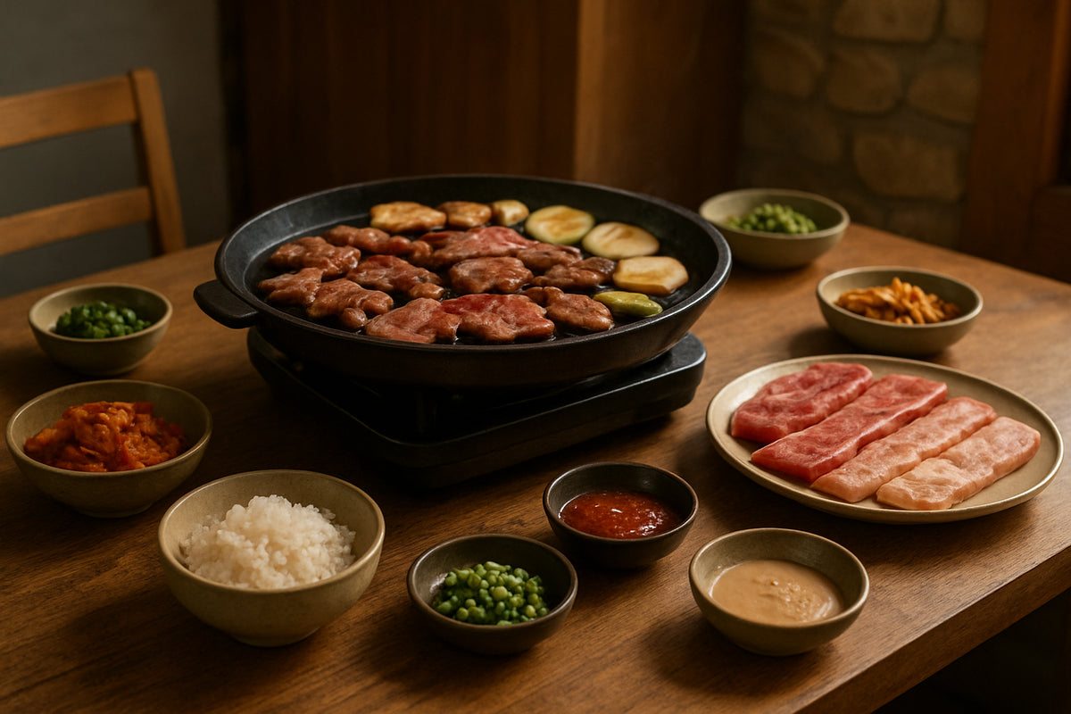 Koreanischer Grillabend zu Hause mit traditionellen Beilagen und Grillpfanne auf einem schön gedeckten Tisch