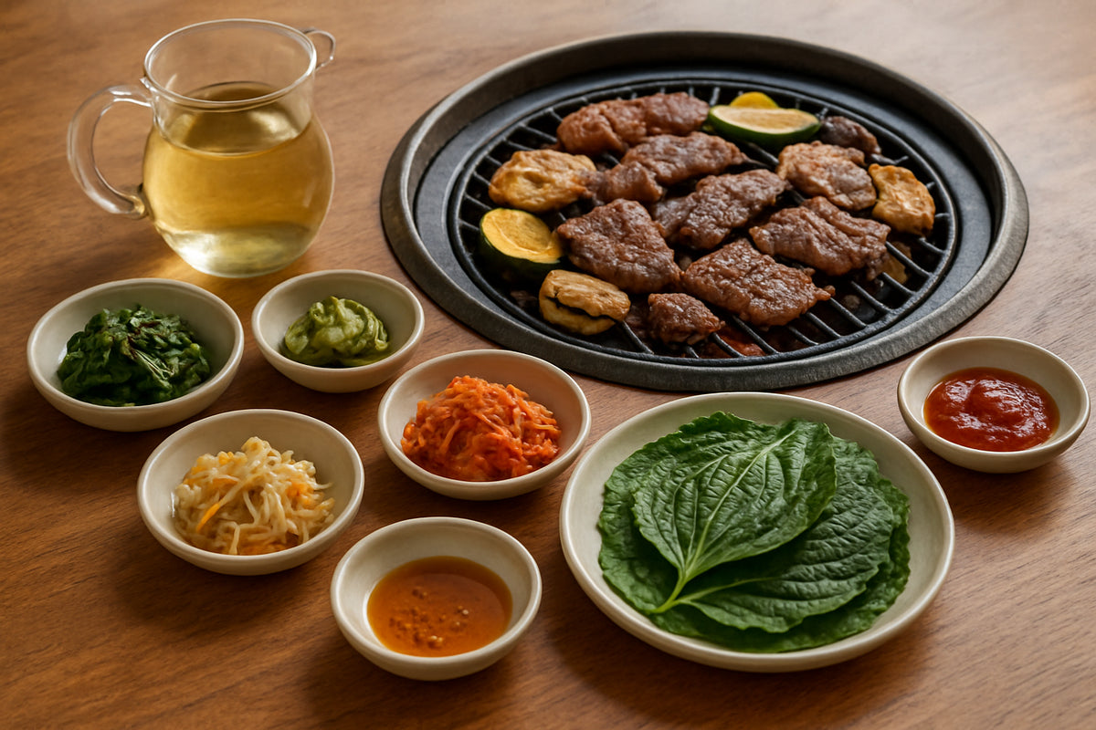 Koreanischer Grillabend mit vielfältigen Beilagen und gegrilltem Fleisch auf einem Holztisch