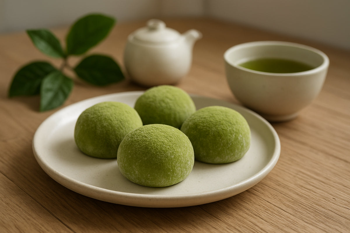 Grüne Matcha-Mochis auf weißem Teller mit grünem Tee in einer minimalistischen Küchenszene