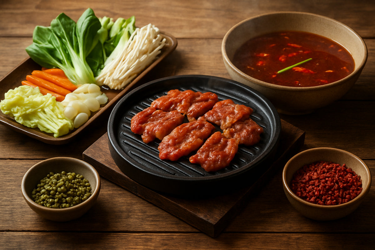 Asiatische Grill- und Hot Pot-Szene mit frischem Gemüse, mariniertem Fleisch und grünem sowie rotem Sichuan-Wildpfeffer