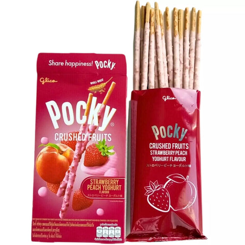GLICO Pocky-Keksstäbchen, zerkleinerte Früchte, Erdbeer-Pfirsich-Joghurt 55g